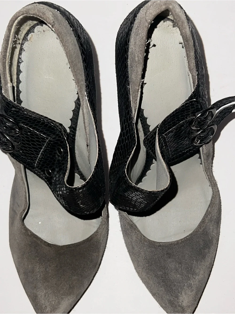 Women’s Two-Tone Suede Pointed-Toe Heels with Black Patent Strap